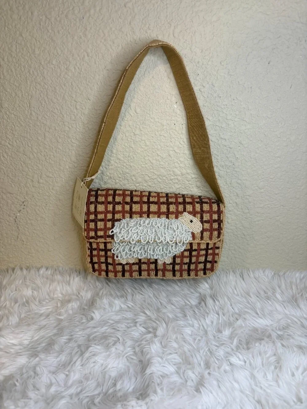 Viral 3D Sheep Beaded Shoulder Bag Plaid TikTok Quirky Farmcore NWT